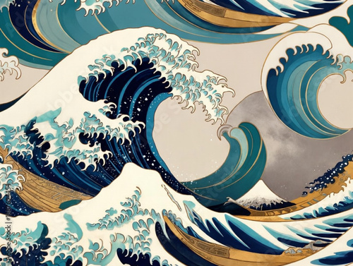 Great wave illustration in Japanese ukiyo-e style, luxury ocean waves background with gold accents and Mount Fuji, oriental sea art
