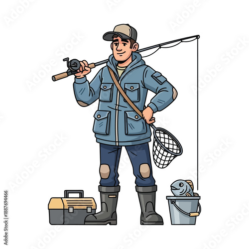Illustration of a fisherman standing with a fishing rod, net, and tackle box on a white background.