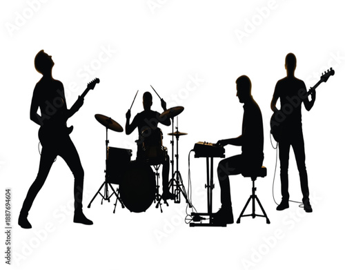 Silhouette of a rock band performing live including guitarists drummer and keyboardist isolated on a white background for music concepts