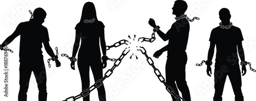 Silhouettes of people breaking chains symbolizing freedom and overcoming obstacles conceptual illustration for liberation and empowerment