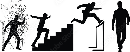 Silhouette of a man breaking free from shattered pieces climbing stairs and jumping hurdles representing progress and overcoming challenges