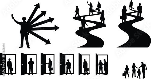 Silhouette collection of business concepts showing diverse paths career choices and opportunities vector illustrations for decision making and strategy