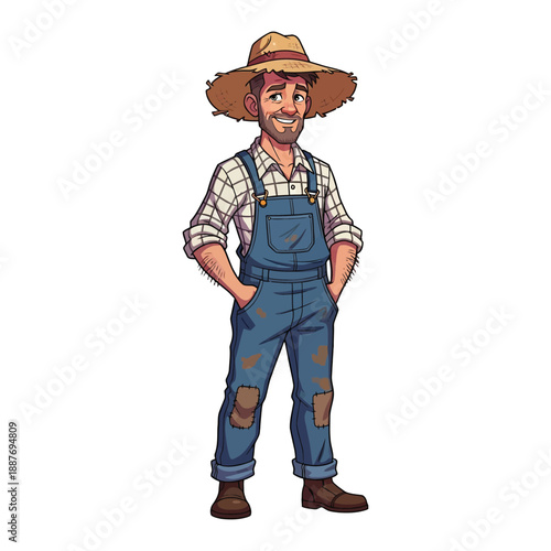 Illustration of a smiling farmer standing with hands in pockets wearing overalls and a straw hat on a white background
