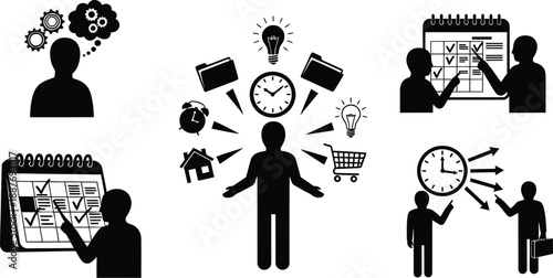Business planning and time management icons set of vector illustrations for project organization and strategy conceptual elements for presentations and websites