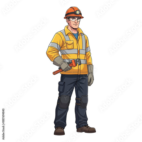 Illustration of a construction worker wearing safety gear and holding a tool on a white background