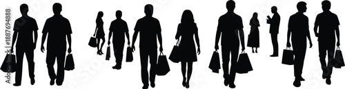 Silhouettes of diverse people carrying shopping bags representing consumerism and retail activity isolated on a white background
