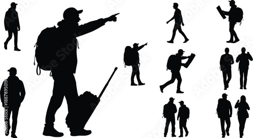 Silhouette collection of travelers with backpacks and luggage pointing direction and walking flat vector design for travel and adventure concepts
