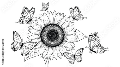 Detailed black and white line art of a sunflower in full bloom surrounded by five butterflies in various stages of flight.