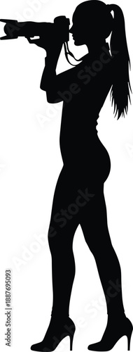 Full body black silhouette of a female photographer standing while holding a professional DSLR camera with telephoto lens, creative photography hobby, media concept