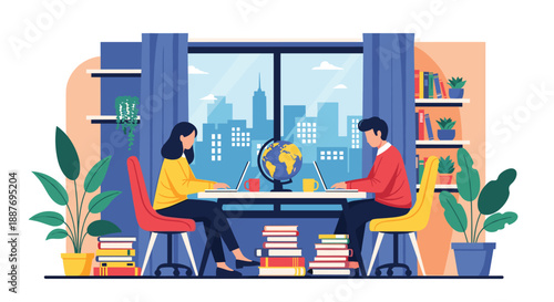 Man and woman working on their laptops at a shared table by a large window with a modern city skyscraper view.