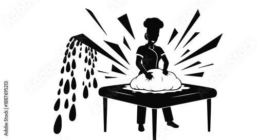 Chef energetically kneading dough with ingredients falling from above