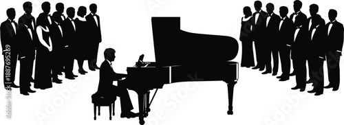 Full body black silhouette of a male pianist playing grand piano with a large formal choir ensemble, classical music concert performance on stage