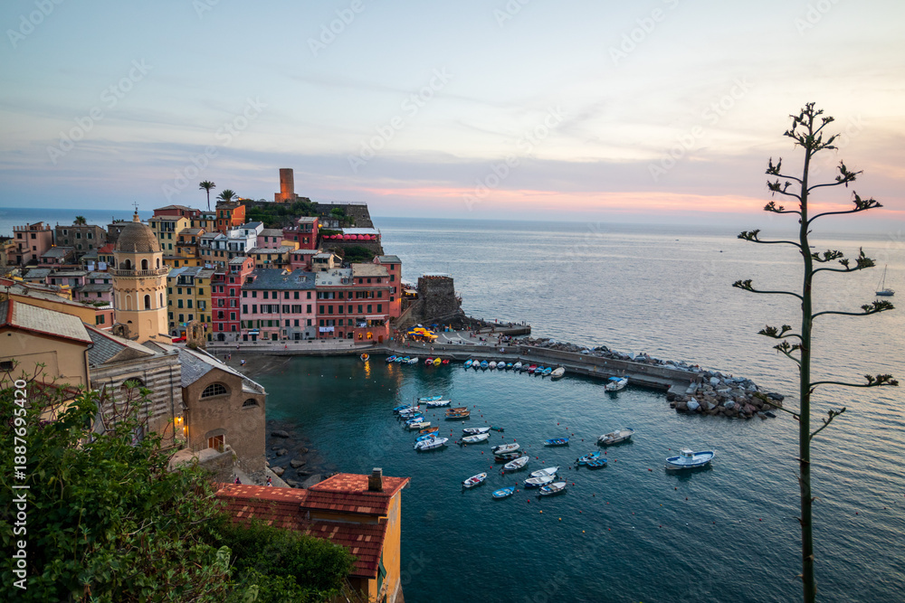 Fototapeta premium View of Vernazza village at sunset. Popular tourist destination in Cinque Terre National Park a UNESCO World Heritage Site, Liguria, Italy.