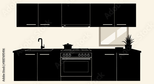 Modern Black Kitchen Cabinets and Appliances Illustration.