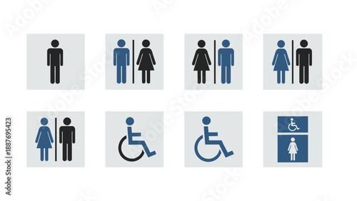 Collection of restroom signs for men women and disabled people.