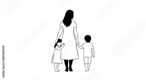 Mother holding hands with two children silhouette.