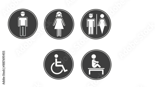 Restroom signs for men women disabled and baby changing station.