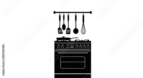 Kitchen Stove With Utensils Hanging Above.
