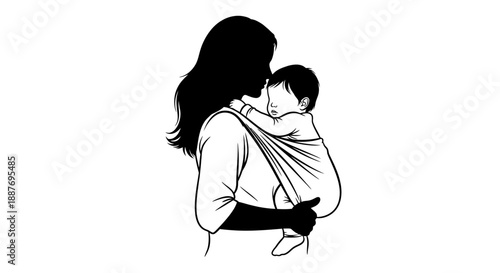 Mother holding baby in sling silhouette illustration.