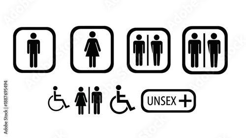 Collection of restroom signs for men women disabled and unisex facilities.