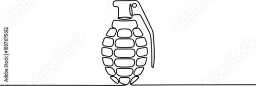 continuous line drawing of a hand grenade. The simple black line art depicts a military weapon, one line Art icon drawing vector
