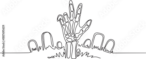 One Line Drawing of Zombie Hand Rising from Graveyard with Tombstones, one line Art icon drawing vector
