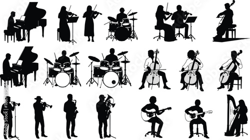 Large collection of black silhouettes featuring orchestral musicians playing piano, violin, drums, cello, trumpet, saxophone, guitar, and harp for classical music design