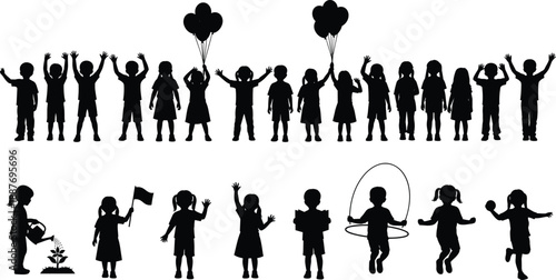 Large collection of black silhouettes featuring children playing with balloons, skipping rope, gardening, and cheering, creative childhood activities and school education concept,