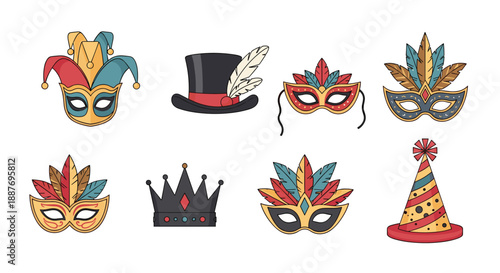 Colorful collection of carnival and masquerade accessories including masks, jester hats, crowns, and party hats.