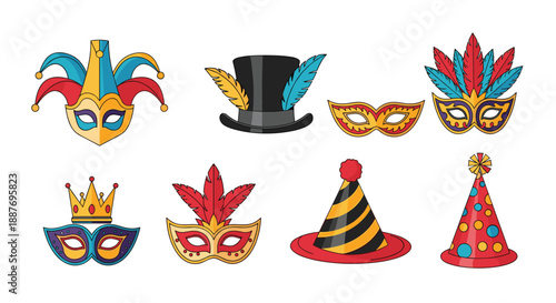 Vibrant set of festive carnival masks, jester hats, and colorful party hats decorated with feathers and geometric patterns.