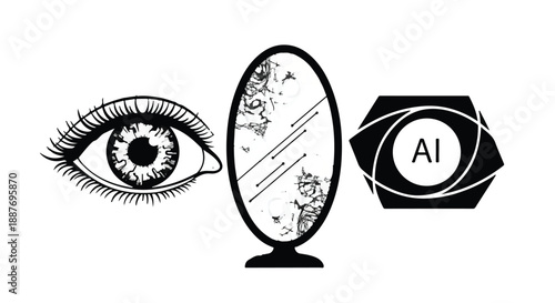 Human eye, reflection in a mirror, and AI symbol representing perception and artificial intelligence