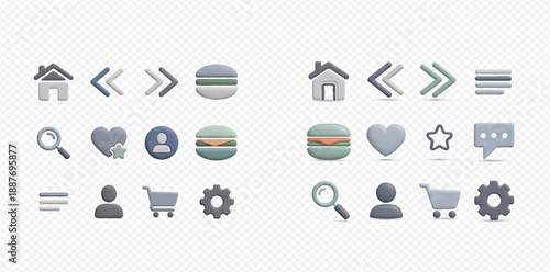 Set of 3D rendered user interface icons for web and mobile applications, including home, search, profile, and shopping cart symbols.