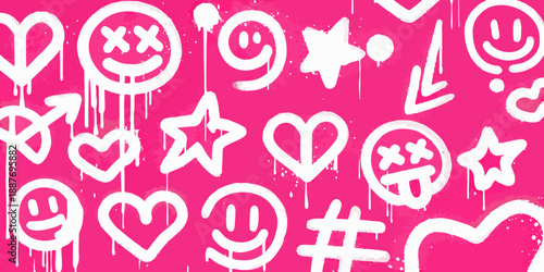 Pink background with spray painted emoticons hearts stars and other doodles