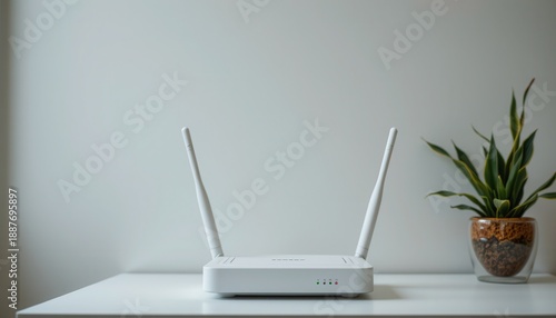 Modern Wireless Router on a White Table with Minimalist Background and Indoor Plant Decor