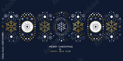 Festive winter pattern with snowflakes stars and golden ornamental elements