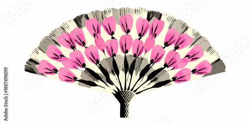 A decorative pink and grey folding fan with a patterned symmetrical design