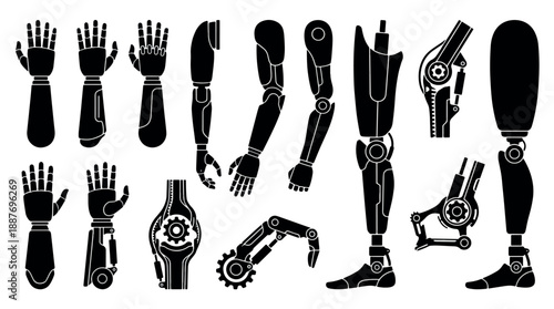 Collection of Black Silhouettes of Prosthetic Limbs and Components.