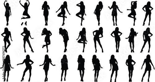 Set of elegant female fashion model silhouettes in various poses, beautiful women standing and posing in dresses, stylish girl collection for design vector illustration, isolated.
