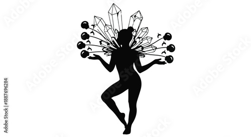 Silhouette of a woman adorned with crystals and spheres, representing inner strength and ethereal beauty.