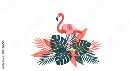 Pink flamingo standing amidst a lush arrangement of tropical green monstera leaves and reddish exotic palm fronds.