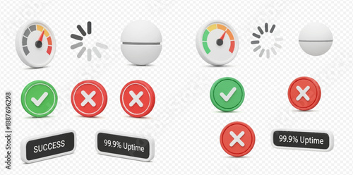 Set of 3D icons for website and application interfaces including gauges, loading spinners, checkmarks, crosses, and uptime indicators.