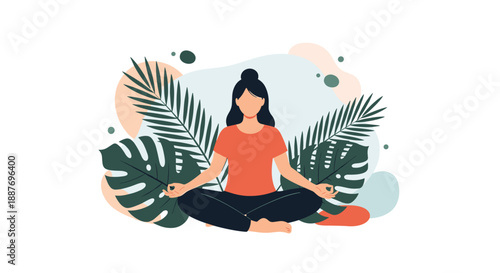 Serene woman practicing yoga in a lotus position surrounded by various tropical green leaves and soft abstract shapes.