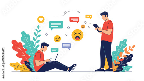 Two young men engaging with social media and digital communication using a laptop and tablet amidst colorful leaves.