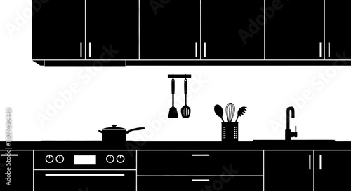 Modern Kitchen Silhouette with Appliances and Utensils.