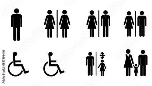 Collection of restroom and accessibility signs.