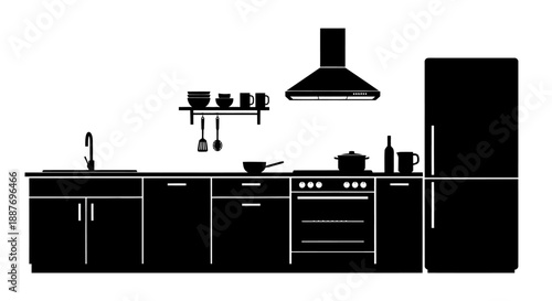 Modern Kitchen Silhouette With Appliances And Utensils.