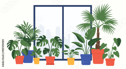 Various indoor potted plants including monstera and palms displayed in colorful pots in front of a window with a city view.