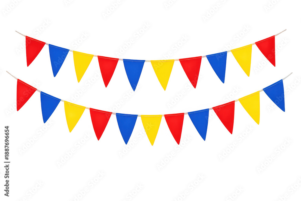 Obraz premium Colorful party pennants strung across transparent background, celebrating festive events and carnival decorations