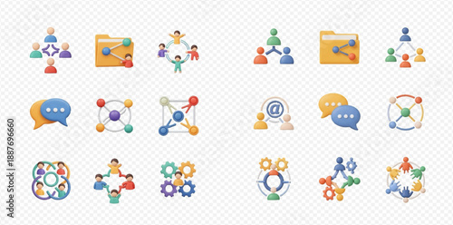 Set of 3D social network and communication icons depicting people, folders, and speech bubbles for connection and sharing.