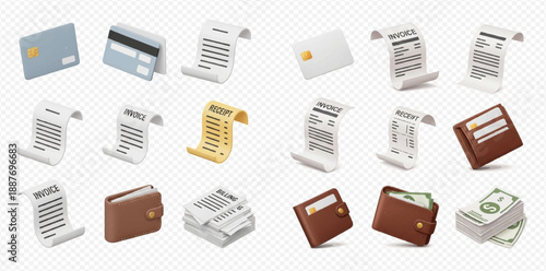 Set of 3D icons for financial documents, credit cards, wallets, and money, representing invoices, receipts, and payment methods.